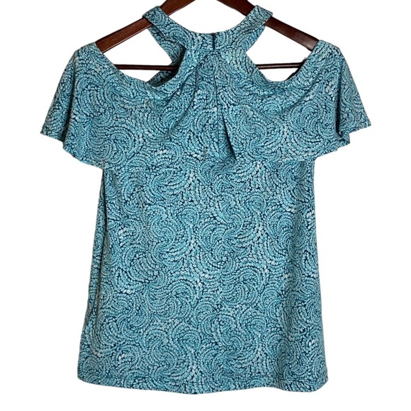 Michael Michael Kors Cold Shoulder Ruffled Halter Turquoise White Top XS - Picture 4 of 16